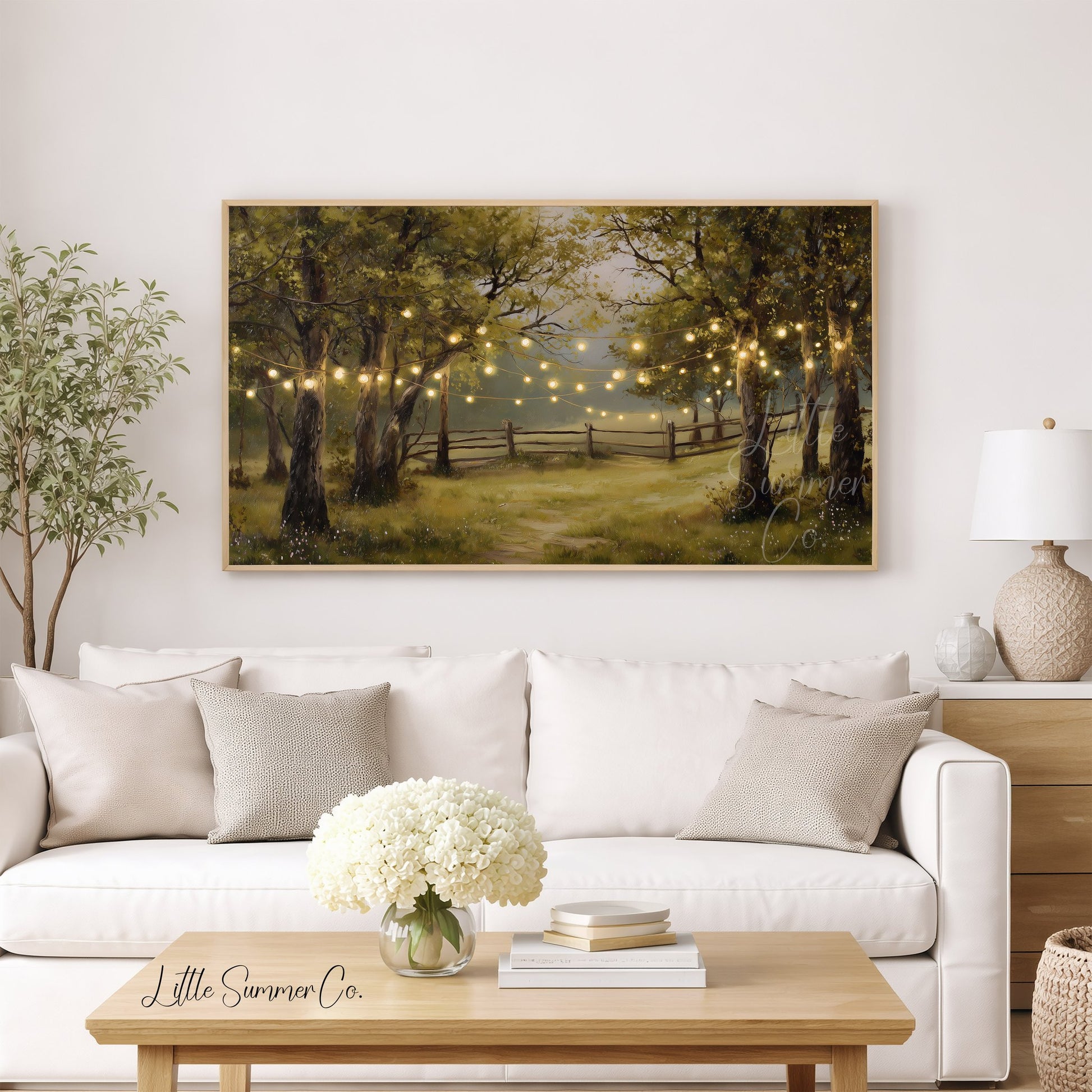 String Lights in Summer Forest Frame TV Art displayed on a TV