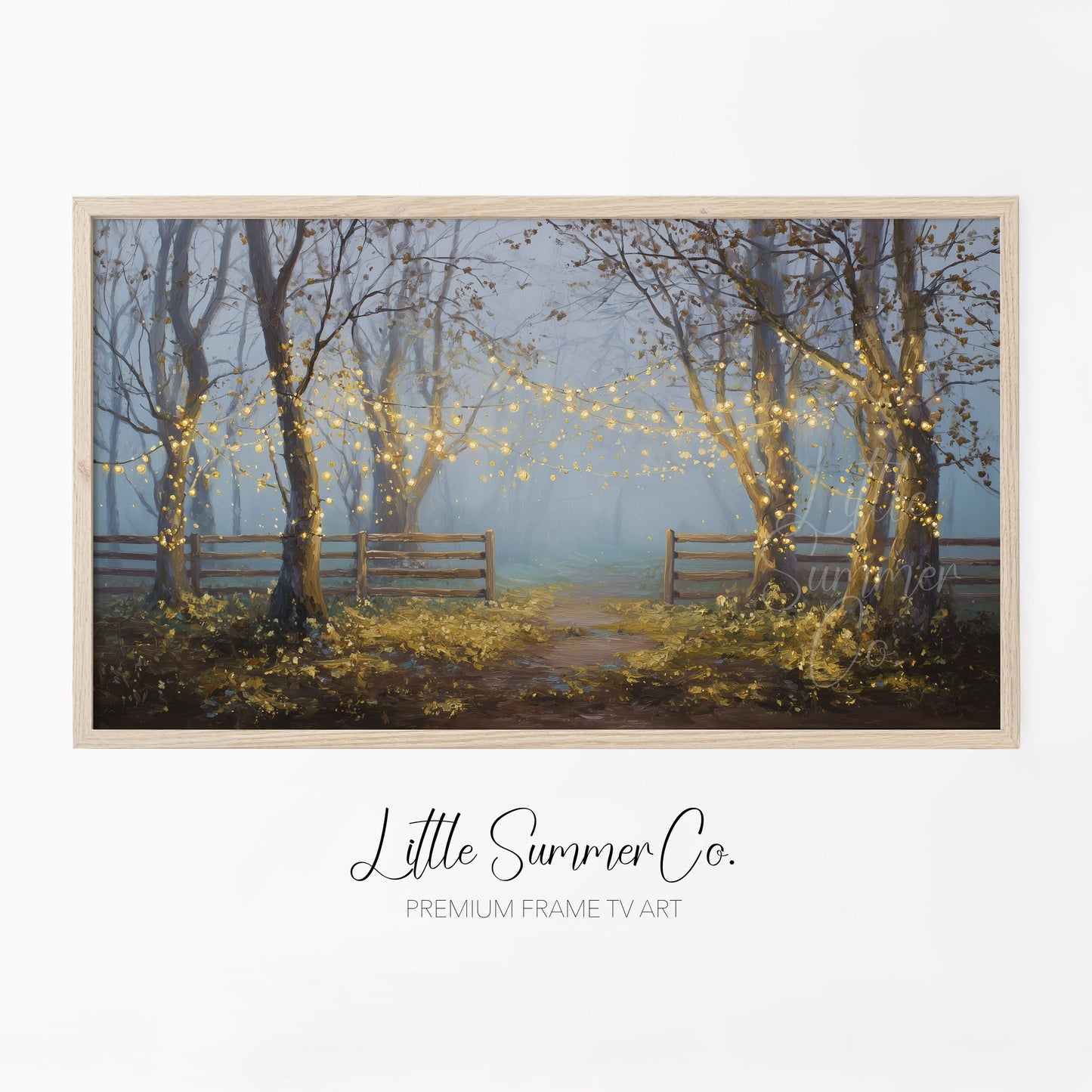 Misty Forest with String Lights Frame TV Art displayed on a TV