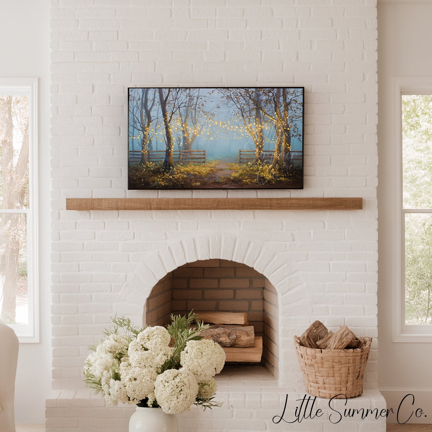 Misty Forest with String Lights Frame TV Art displayed on a TV