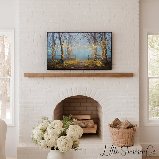 Misty Forest with String Lights Frame TV Art displayed on a TV