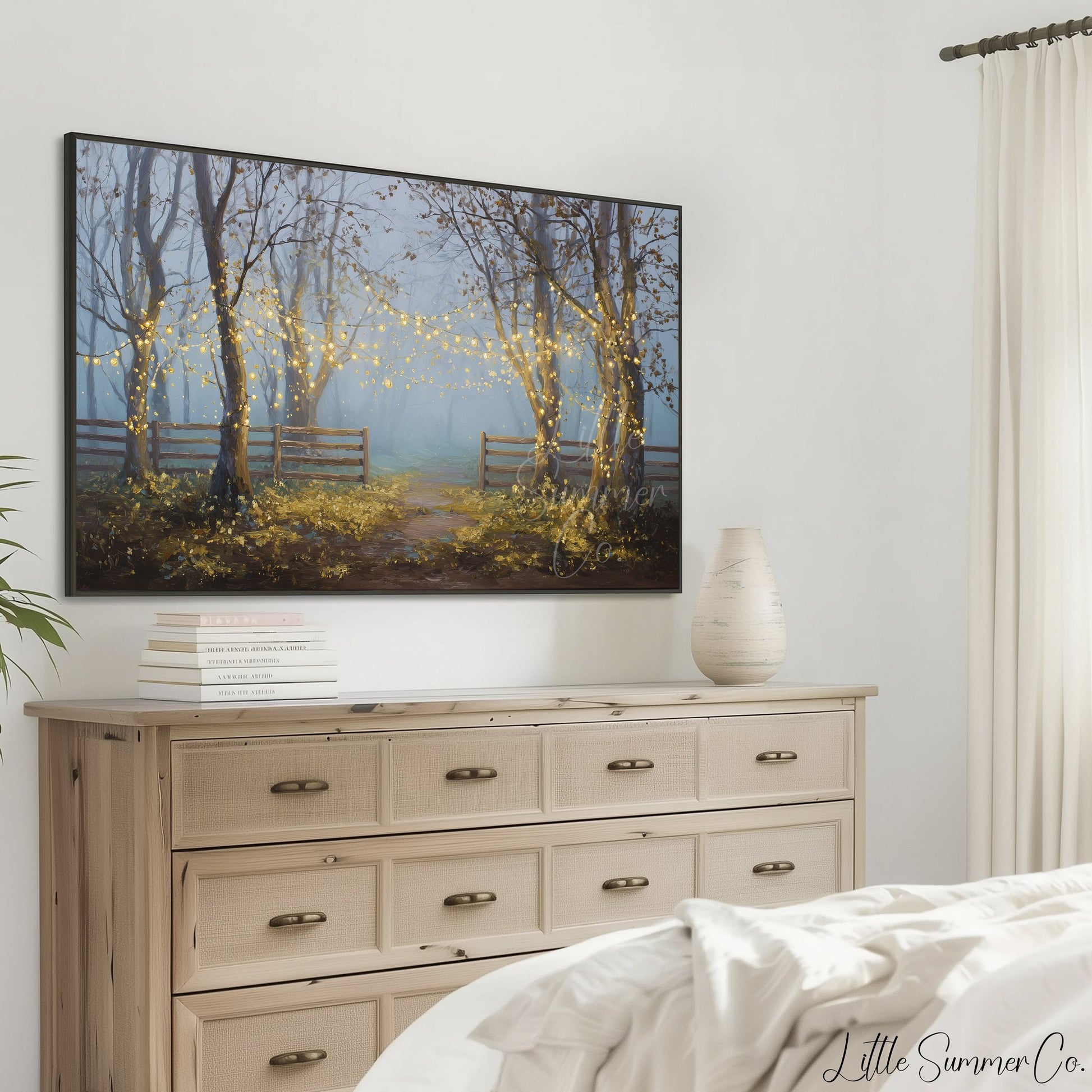 Misty Forest with String Lights Frame TV Art displayed on a TV