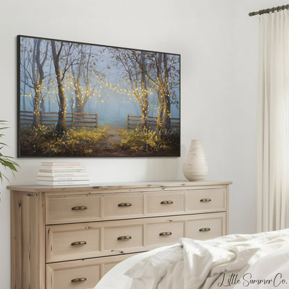 Misty Forest with String Lights Frame TV Art displayed on a TV