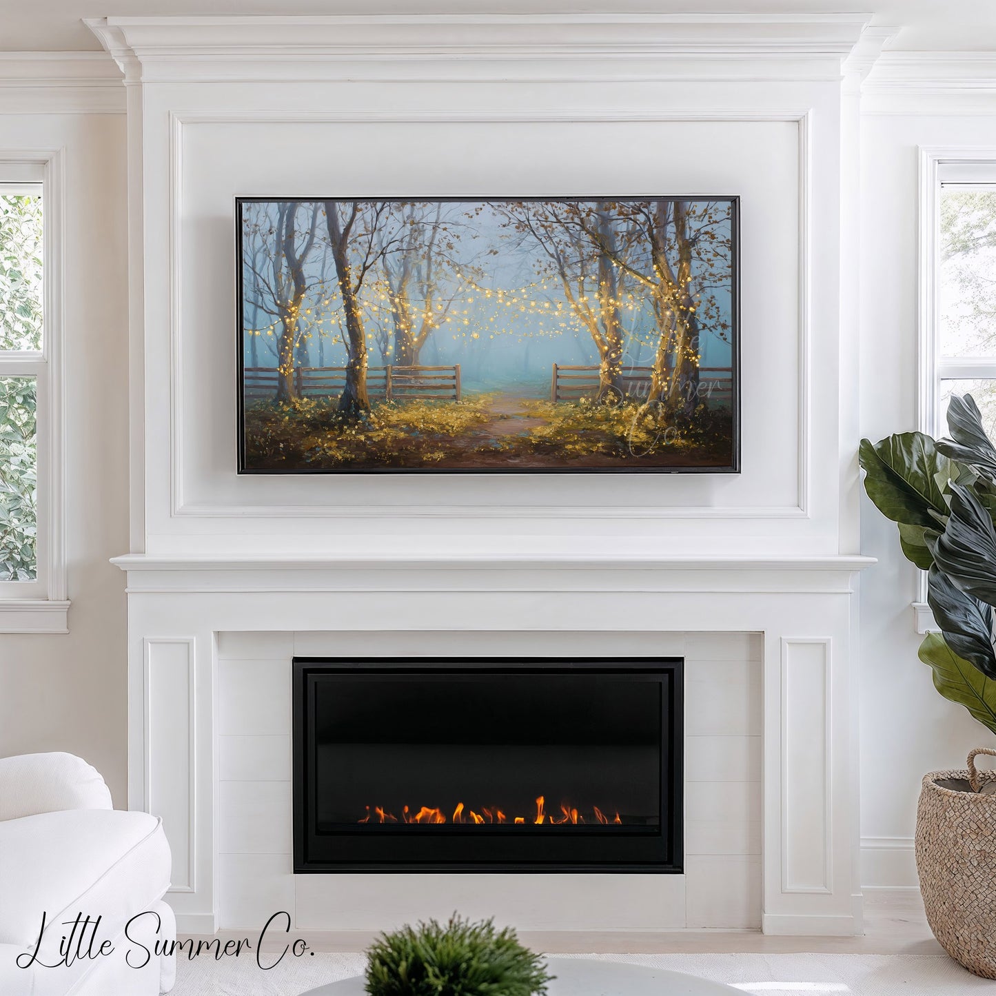 Misty Forest with String Lights Frame TV Art displayed on a TV