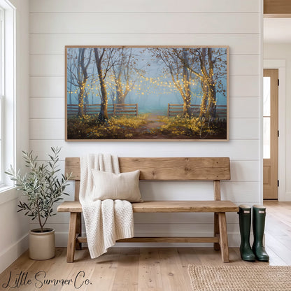 Misty Forest with String Lights Frame TV Art displayed on a TV