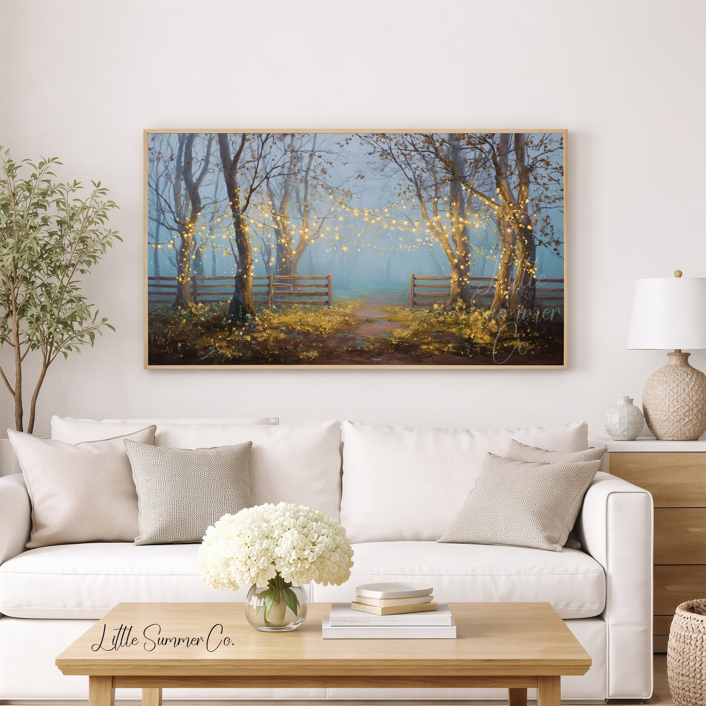 Misty Forest with String Lights Frame TV Art displayed on a TV