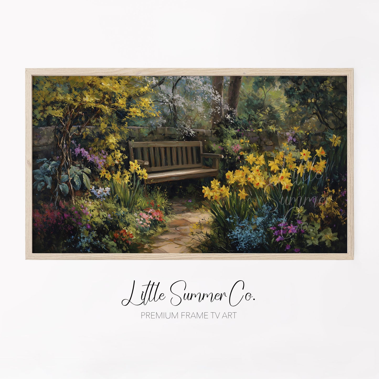 Garden Bench with Daffodils Frame TV Art displayed on a TV