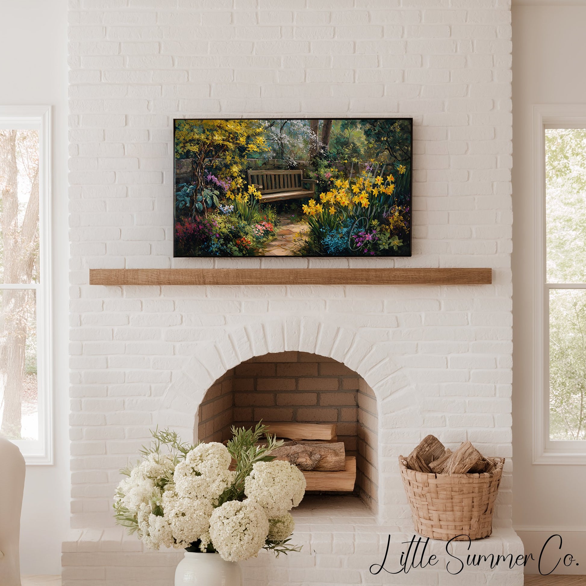 Garden Bench with Daffodils Frame TV Art displayed on a TV