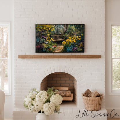 Garden Bench with Daffodils Frame TV Art displayed on a TV