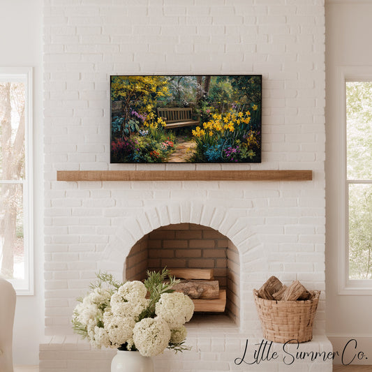 Garden Bench with Daffodils Frame TV Art displayed on a TV