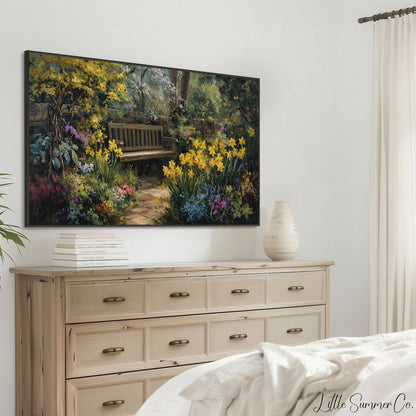 Garden Bench with Daffodils Frame TV Art displayed on a TV