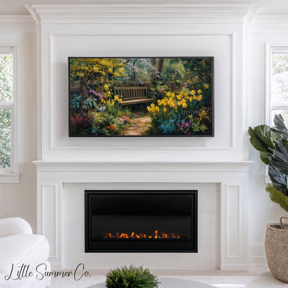 Garden Bench with Daffodils Frame TV Art displayed on a TV