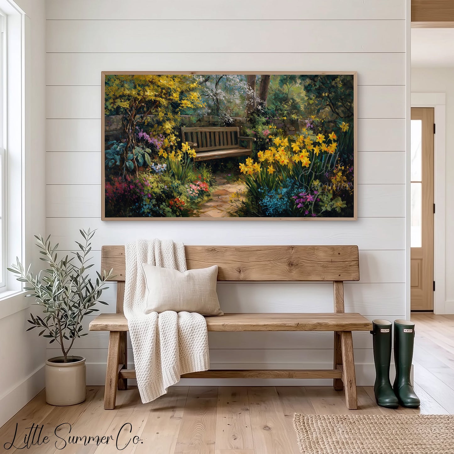 Garden Bench with Daffodils Frame TV Art displayed on a TV