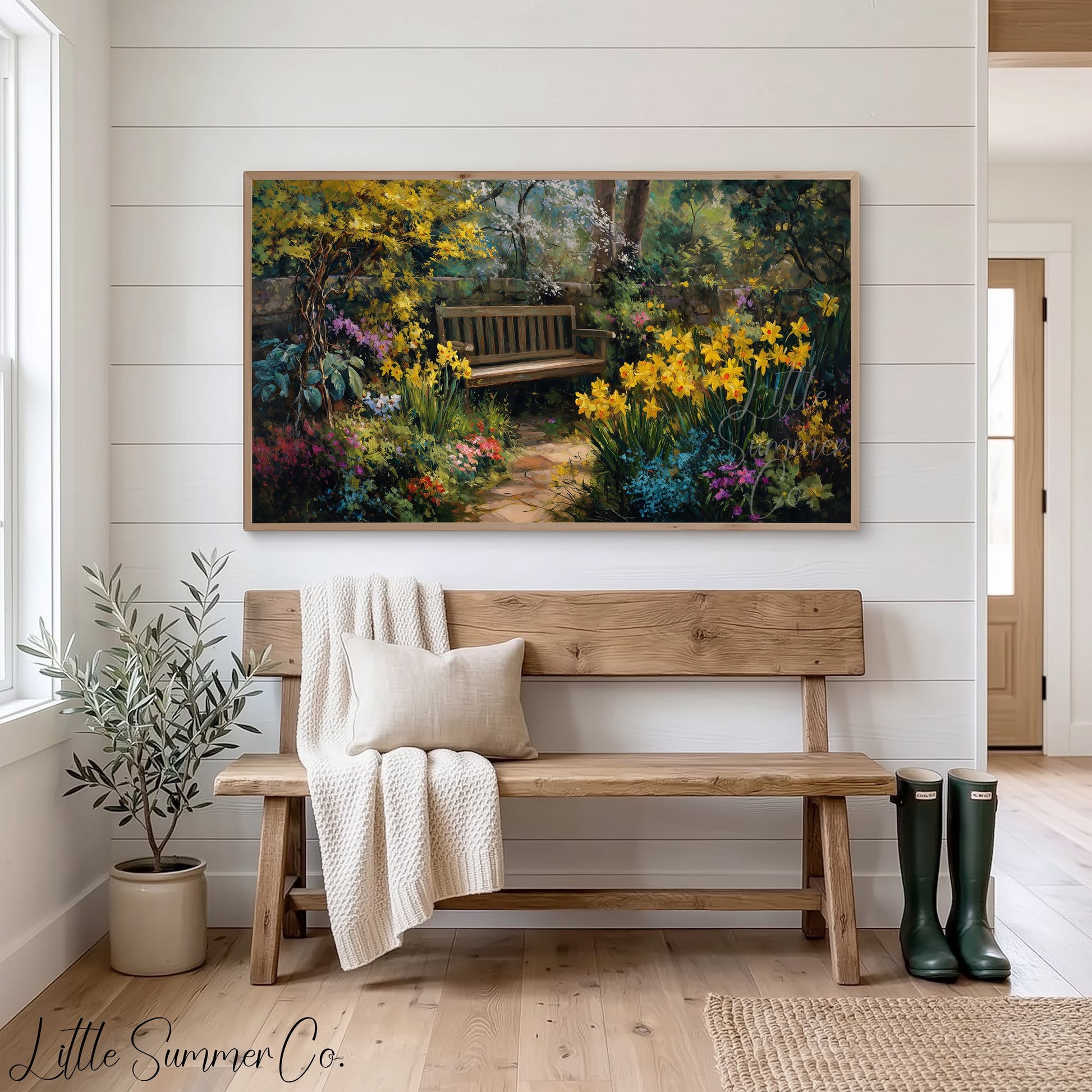 Garden Bench with Daffodils Frame TV Art displayed on a TV