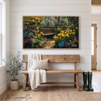 Garden Bench with Daffodils Frame TV Art displayed on a TV