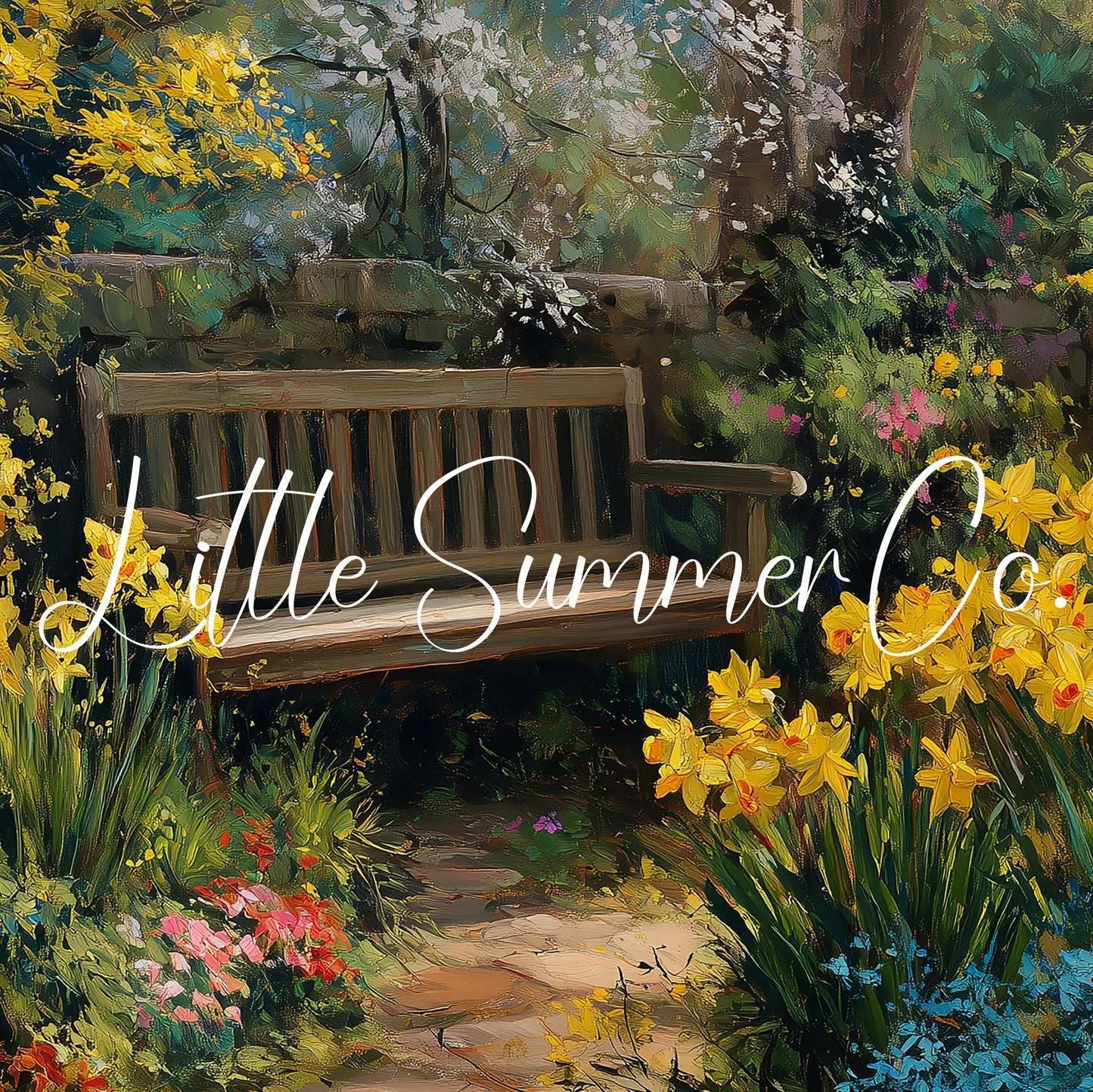 Garden Bench with Daffodils Frame TV Art displayed on a TV