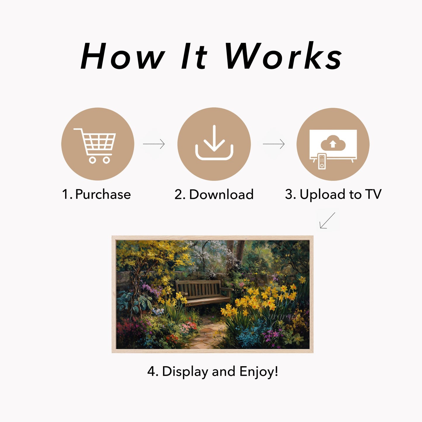 Garden Bench with Daffodils Frame TV Art displayed on a TV