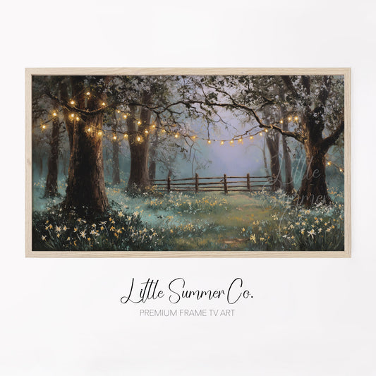 Woodland Fairy Lights and Daffodils Frame TV Art displayed on a TV