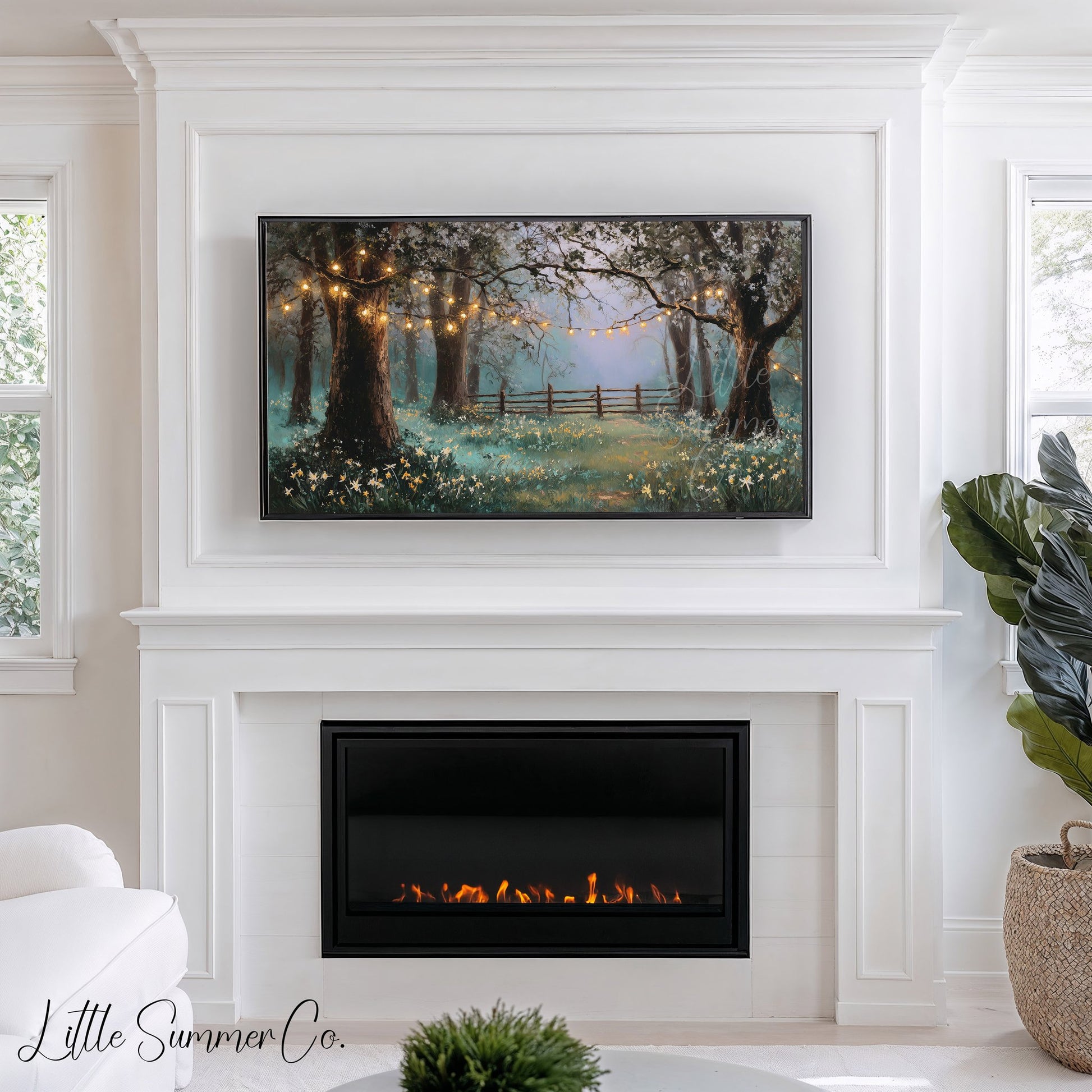 Woodland Fairy Lights and Daffodils Frame TV Art displayed on a TV