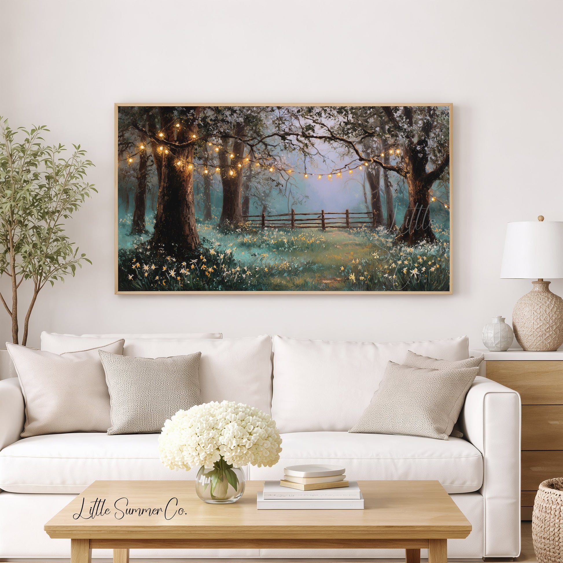 Woodland Fairy Lights and Daffodils Frame TV Art displayed on a TV