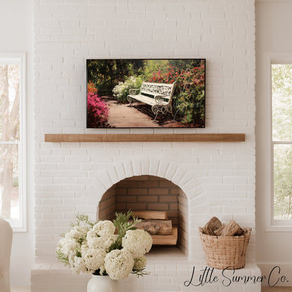 White Garden Bench with Azaleas Frame TV Art displayed on a TV
