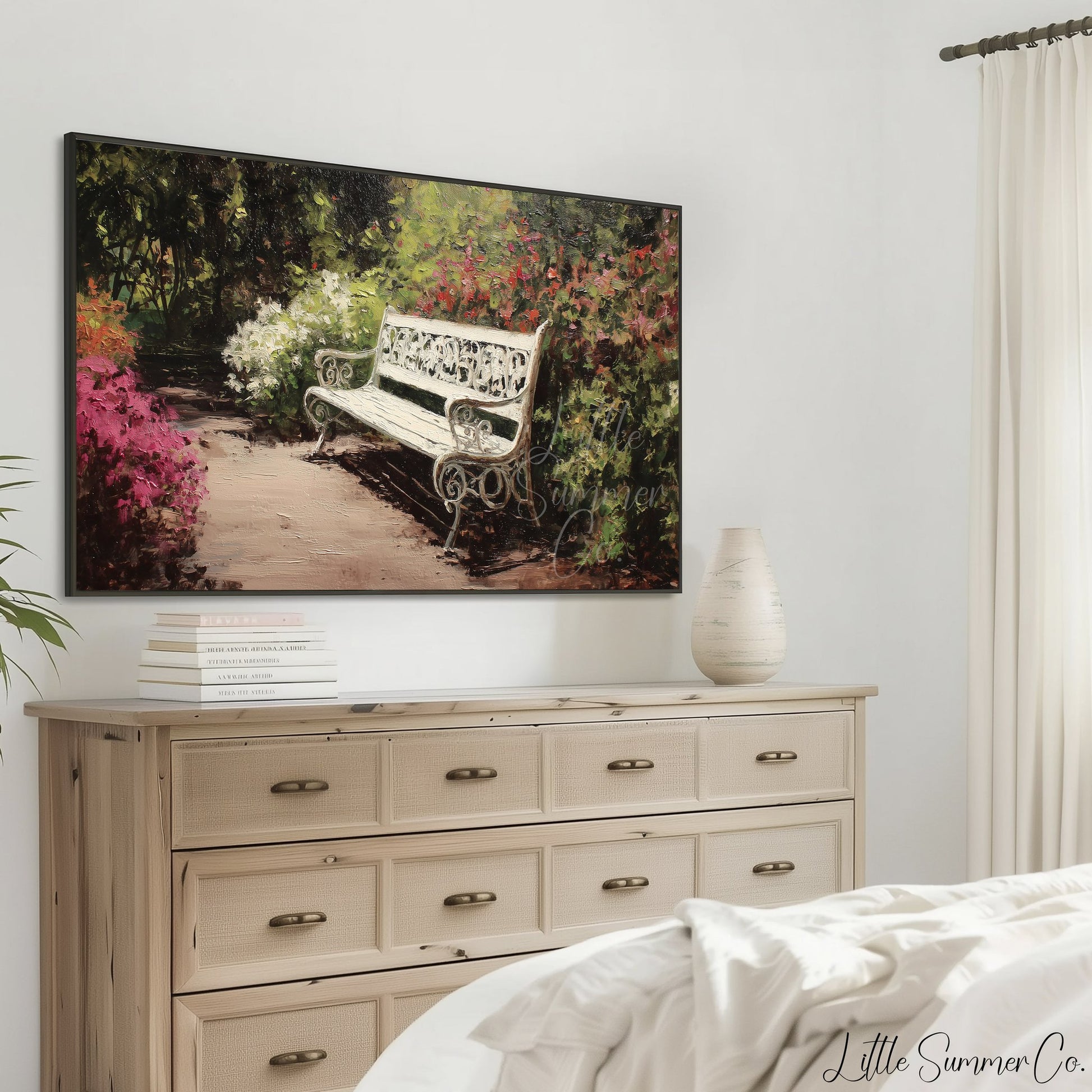 White Garden Bench with Azaleas Frame TV Art displayed on a TV