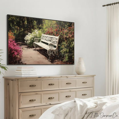White Garden Bench with Azaleas Frame TV Art displayed on a TV