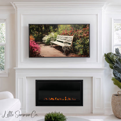 White Garden Bench with Azaleas Frame TV Art displayed on a TV