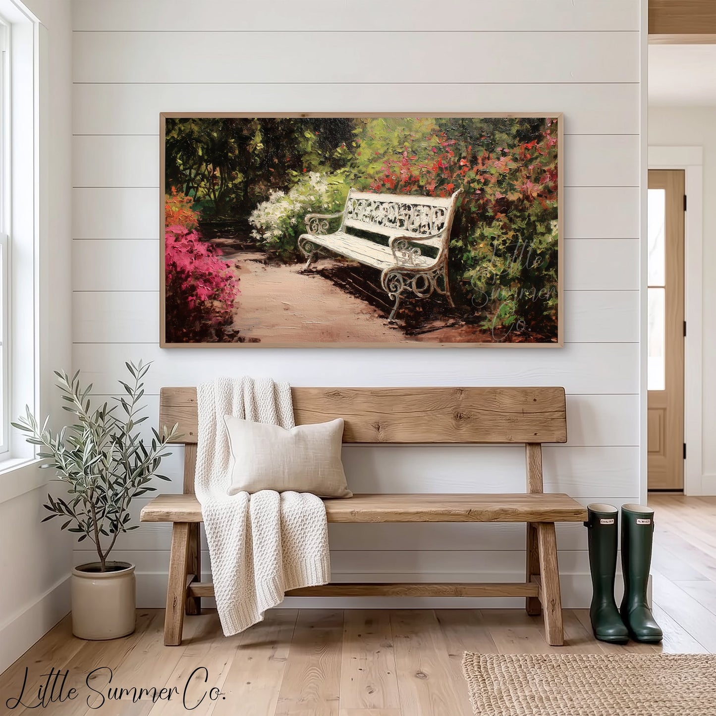 White Garden Bench with Azaleas Frame TV Art displayed on a TV