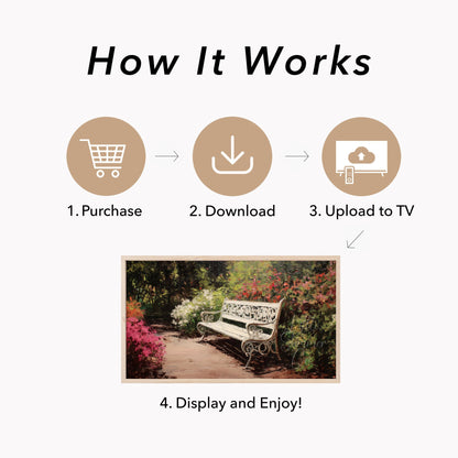 White Garden Bench with Azaleas Frame TV Art displayed on a TV
