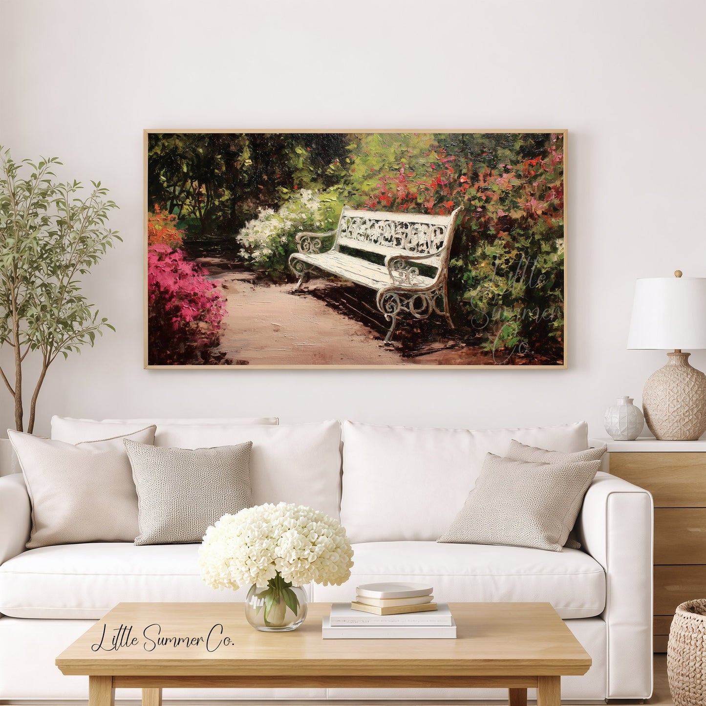 White Garden Bench with Azaleas Frame TV Art displayed on a TV