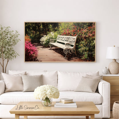 White Garden Bench with Azaleas Frame TV Art displayed on a TV