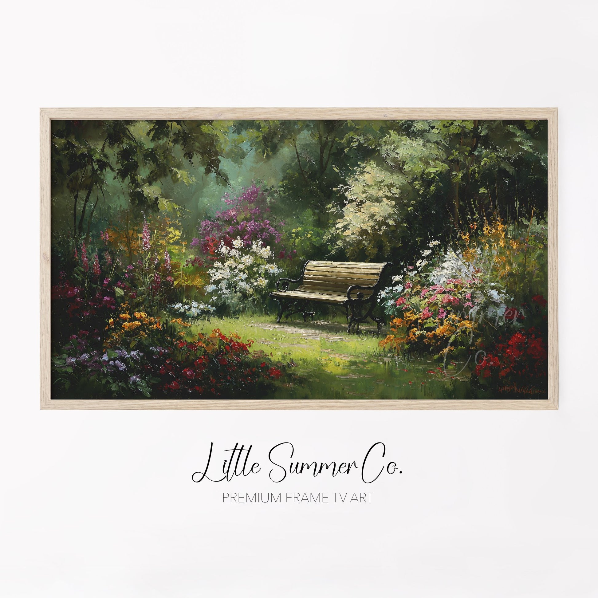 Garden Bench with Summer Flowers Frame TV Art displayed on a TV