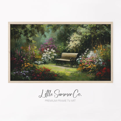 Garden Bench with Summer Flowers Frame TV Art displayed on a TV
