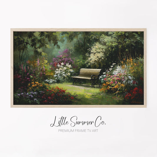 Garden Bench with Summer Flowers Frame TV Art displayed on a TV