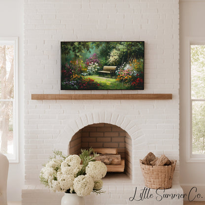 Garden Bench with Summer Flowers Frame TV Art displayed on a TV