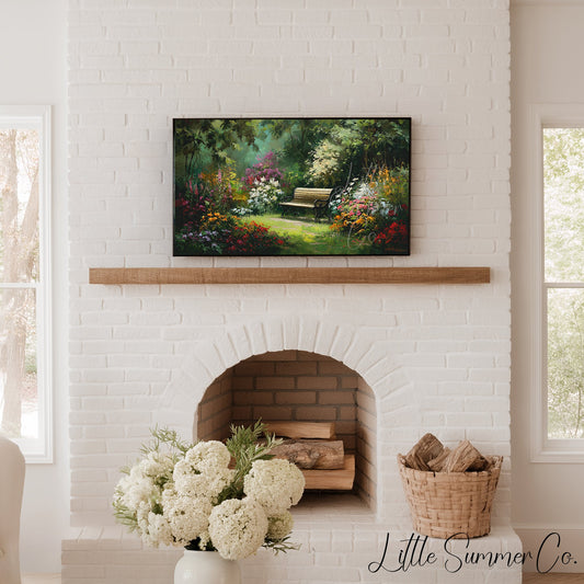 Garden Bench with Summer Flowers Frame TV Art displayed on a TV