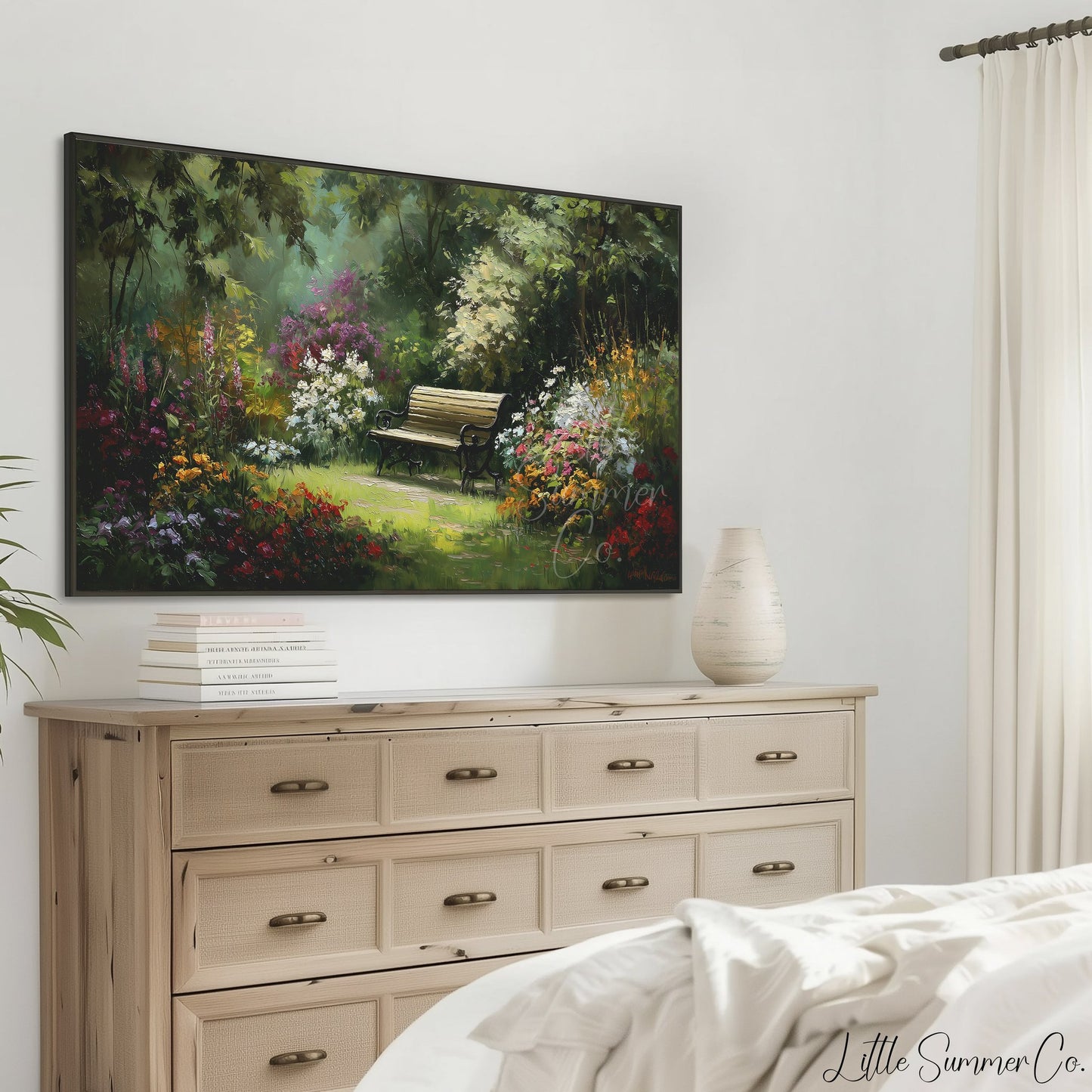 Garden Bench with Summer Flowers Frame TV Art displayed on a TV