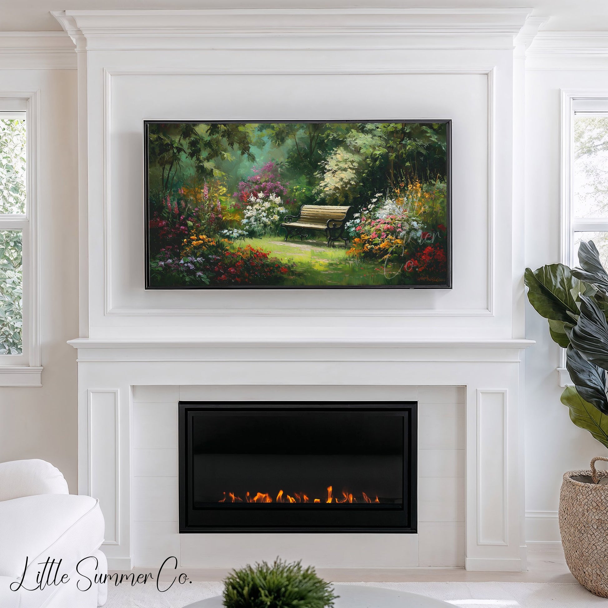 Garden Bench with Summer Flowers Frame TV Art displayed on a TV