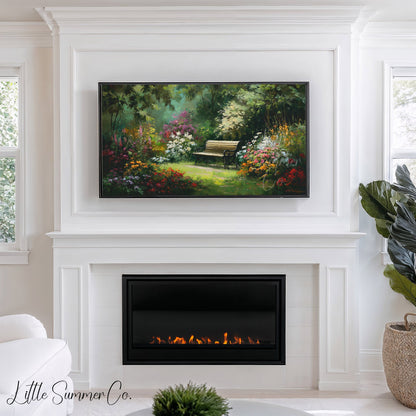 Garden Bench with Summer Flowers Frame TV Art displayed on a TV