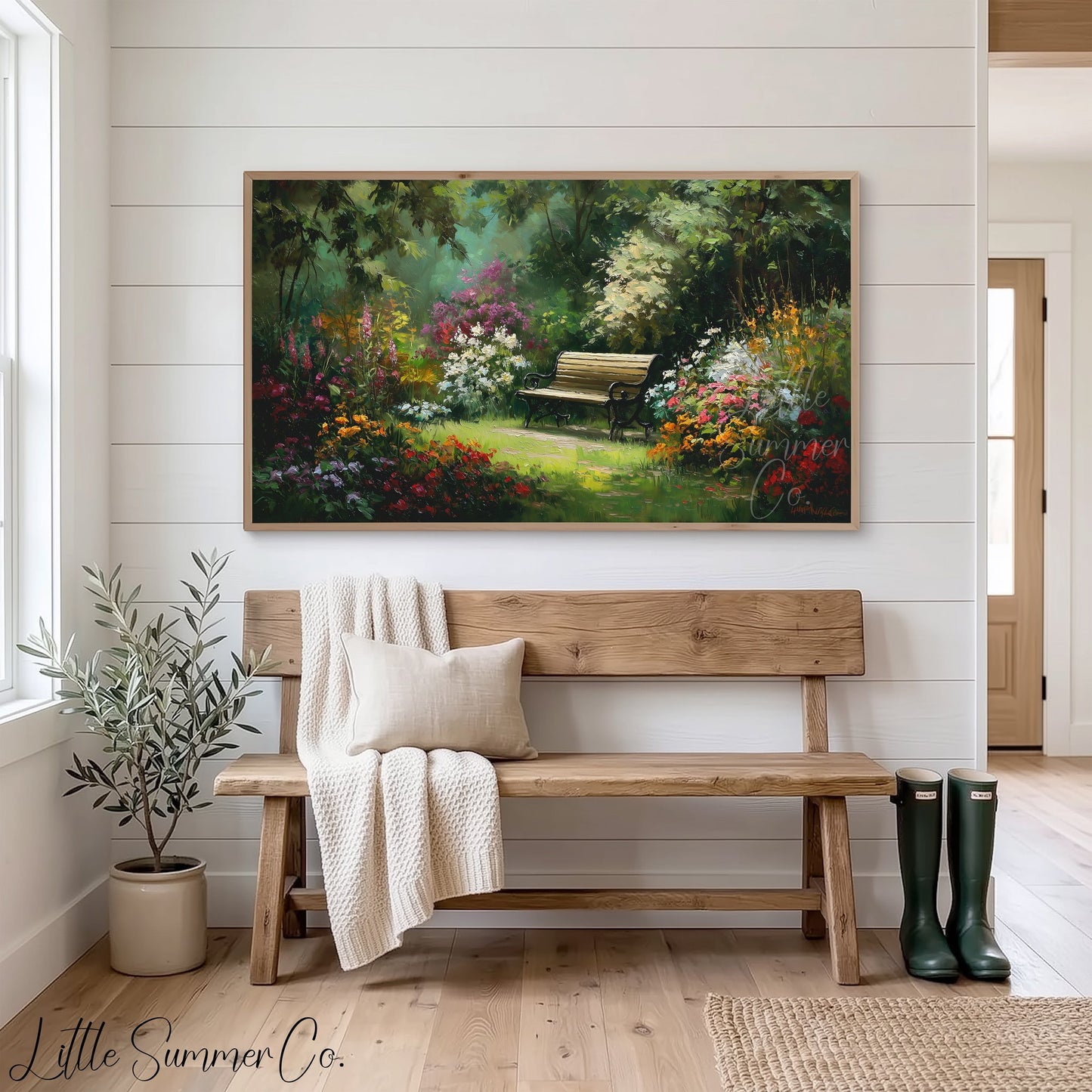 Garden Bench with Summer Flowers Frame TV Art displayed on a TV