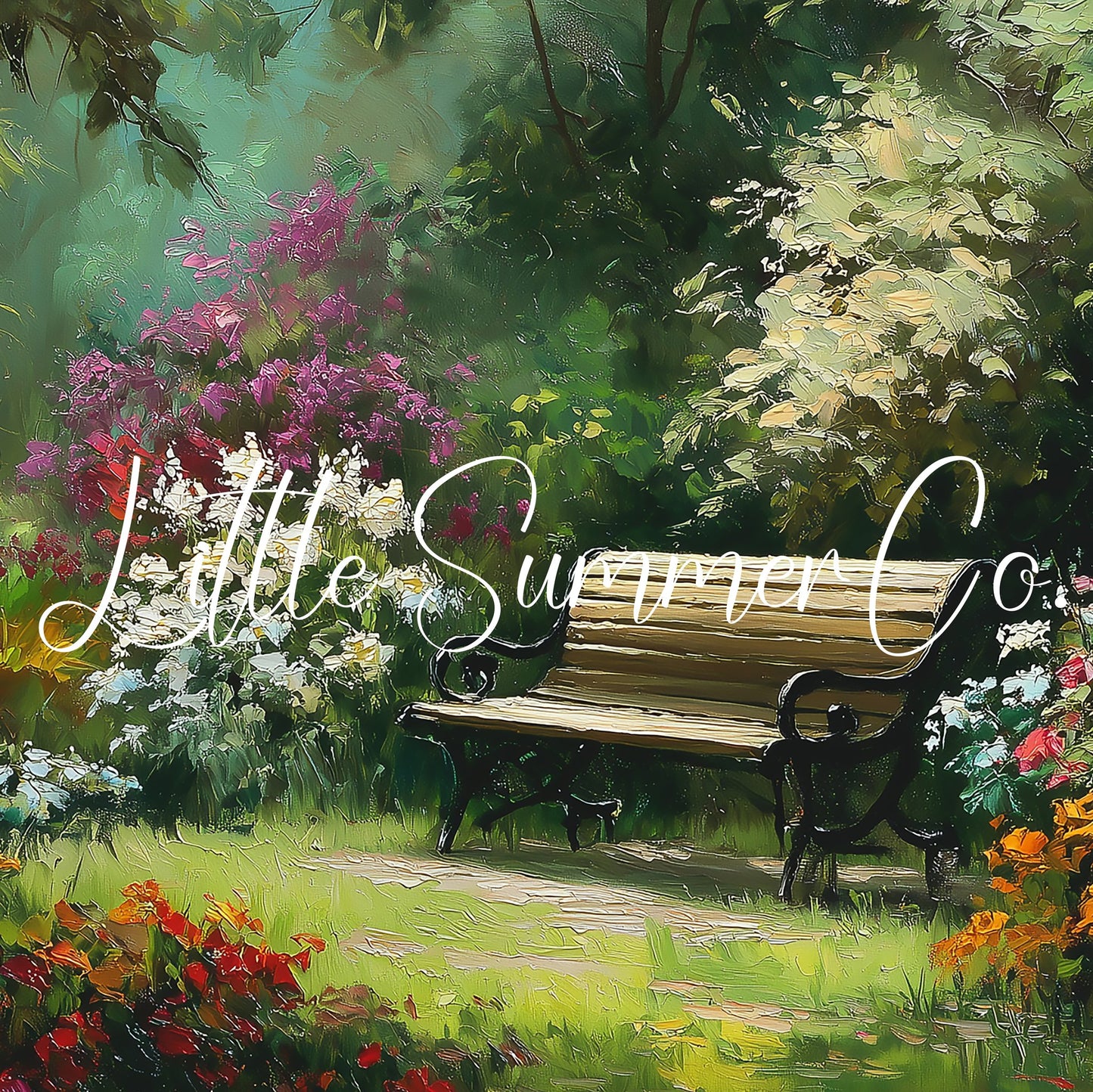 Garden Bench with Summer Flowers Frame TV Art displayed on a TV