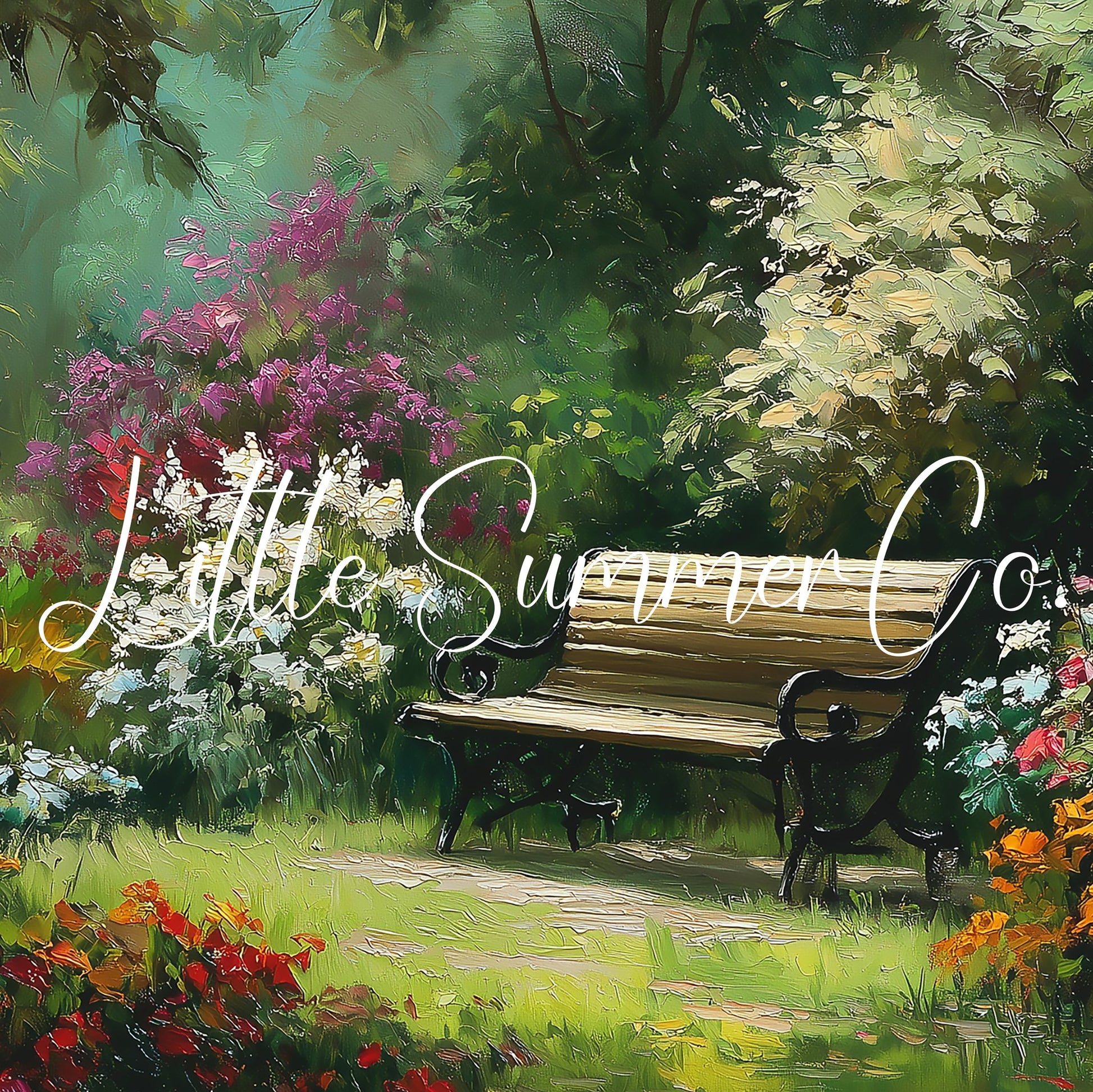 Garden Bench with Summer Flowers Frame TV Art displayed on a TV