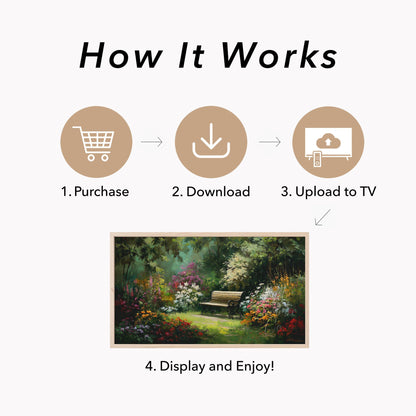 Garden Bench with Summer Flowers Frame TV Art displayed on a TV