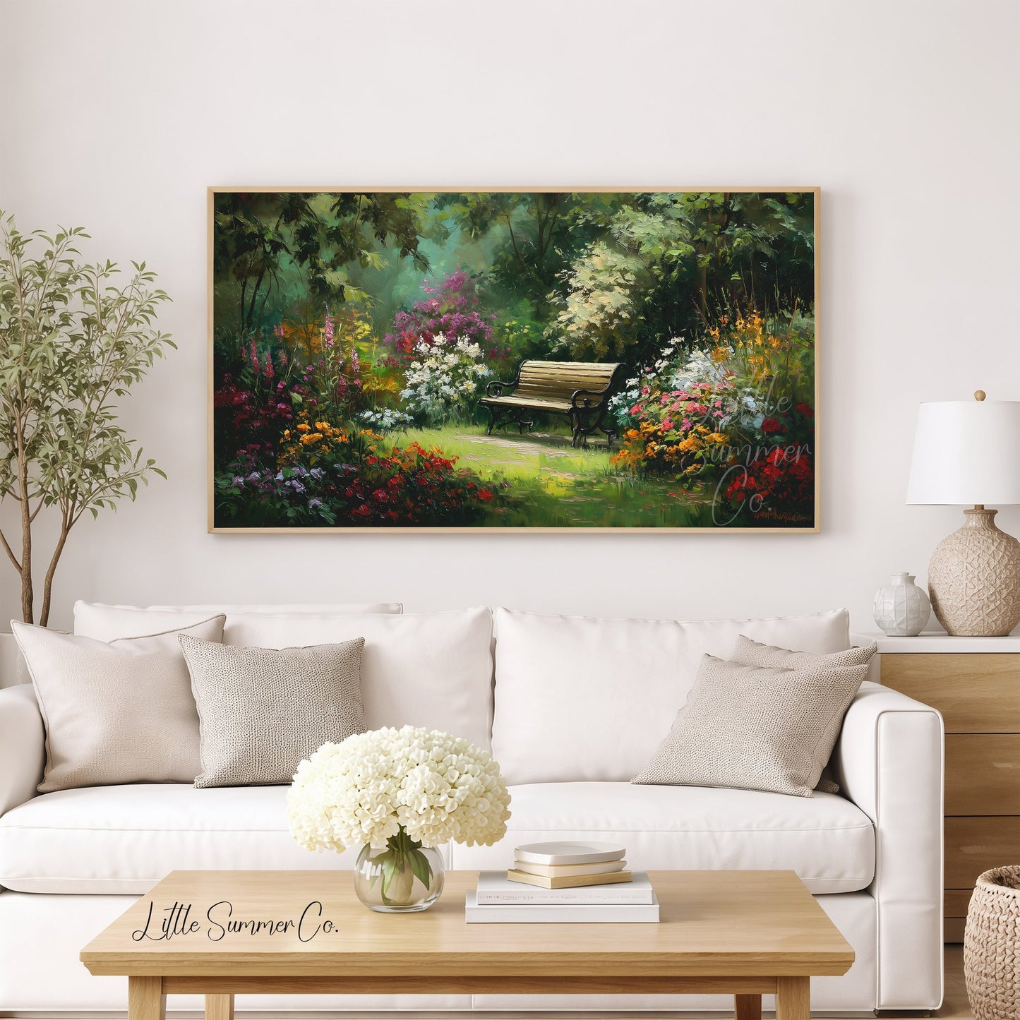 Garden Bench with Summer Flowers Frame TV Art displayed on a TV