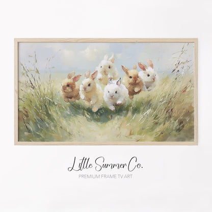 Baby Bunnies Running in Meadow Frame TV Art displayed on a TV