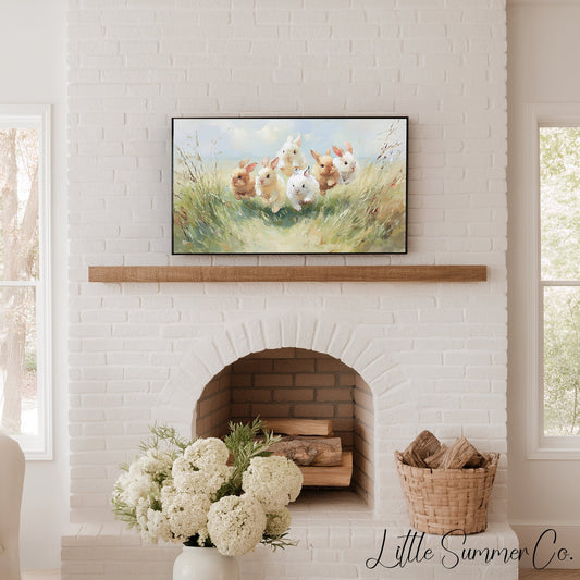 Baby Bunnies Running in Meadow Frame TV Art displayed on a TV