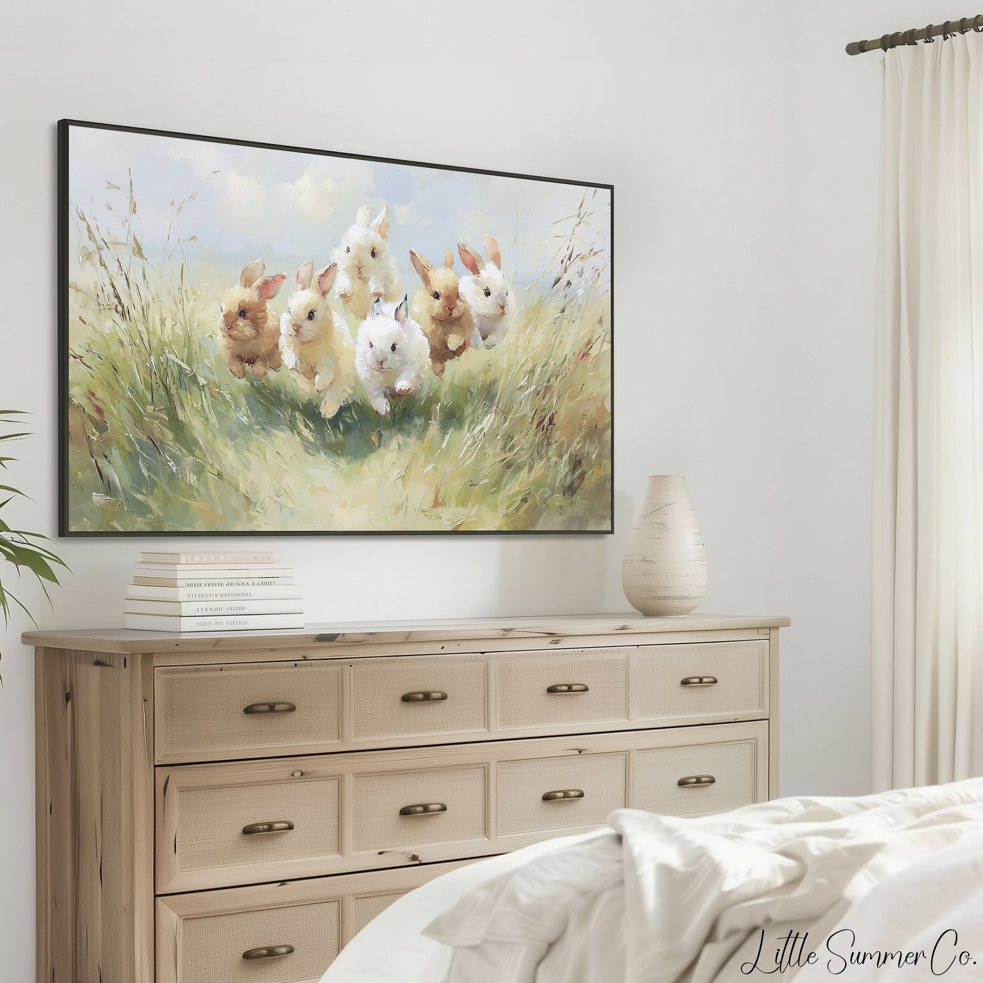 Baby Bunnies Running in Meadow Frame TV Art displayed on a TV