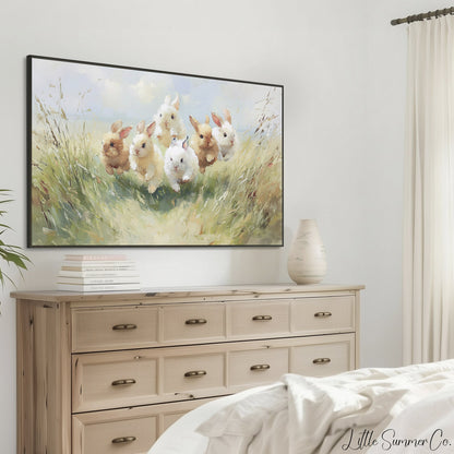 Baby Bunnies Running in Meadow Frame TV Art displayed on a TV