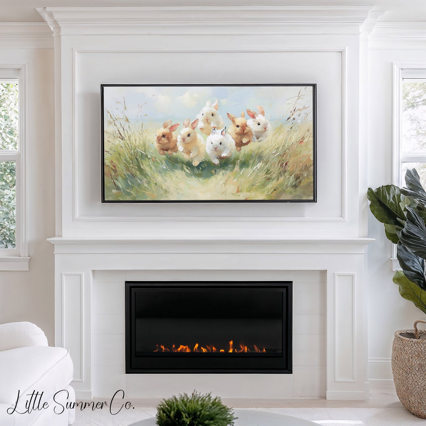 Baby Bunnies Running in Meadow Frame TV Art displayed on a TV