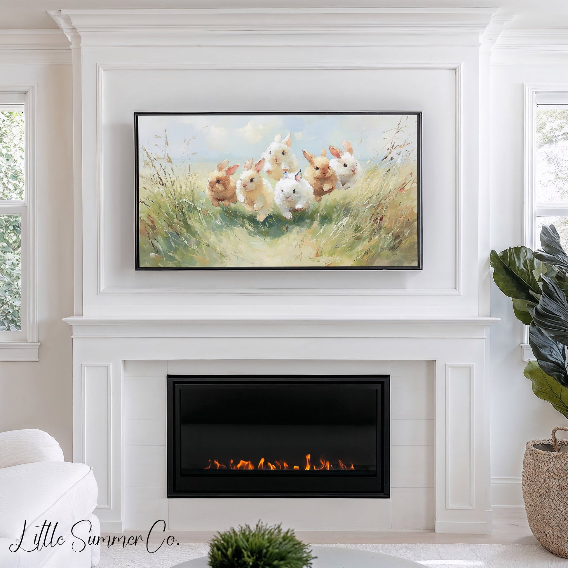 Baby Bunnies Running in Meadow Frame TV Art displayed on a TV